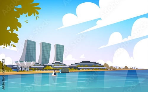 Singapore City View Skyscraper Background Skyline Cityscape with Copy Space Vector Illustration