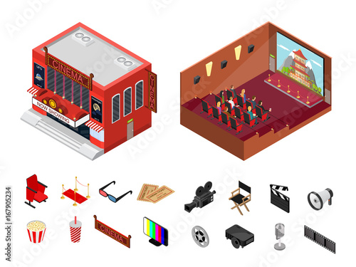 Cinema Building Isometric View. Vector