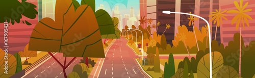 City Street Skyscraper Buildings View Modern Cityscape Empty Downtown Flat Vector Illustration