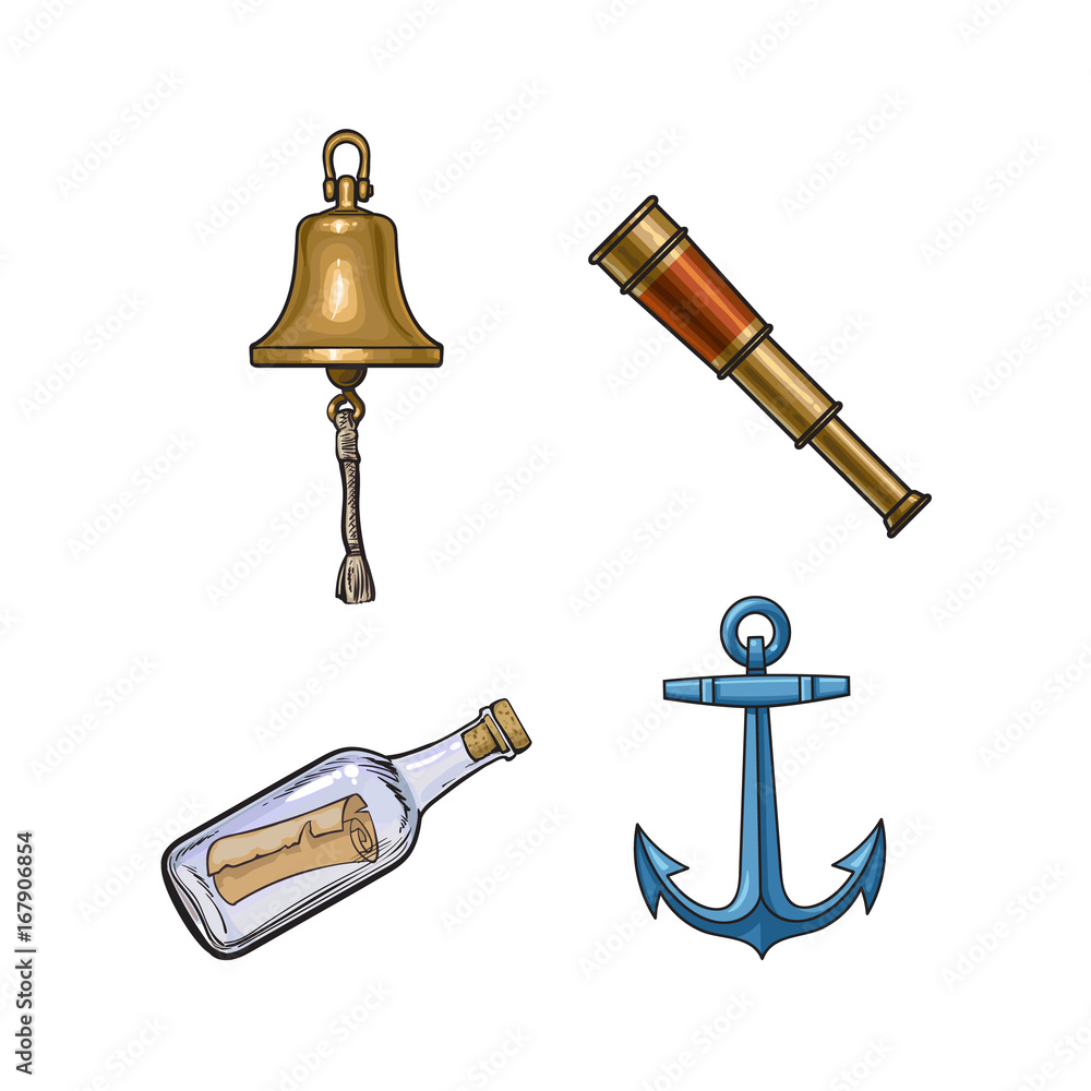 Set of nautical objects ship bell, anchor, telescope, message in bottle, cartoon vector