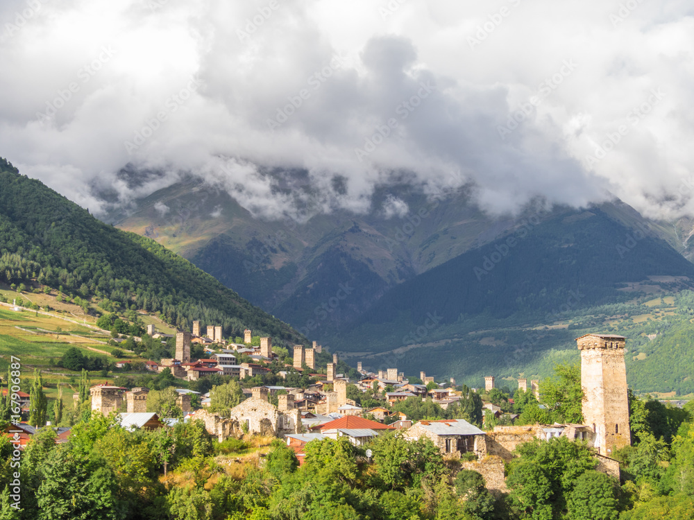 Mountain village with ancient towers. Mestia, Svaneti, Georgia