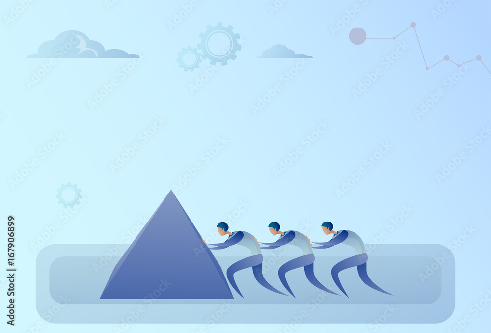 Business People Group Pushing Stone Together Teamwork Cooperation Concept Flat Vector Illustration