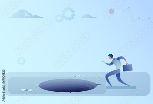 Business Man Run In Hole Problem Finance Crisis Concept Flat Vector Illustration