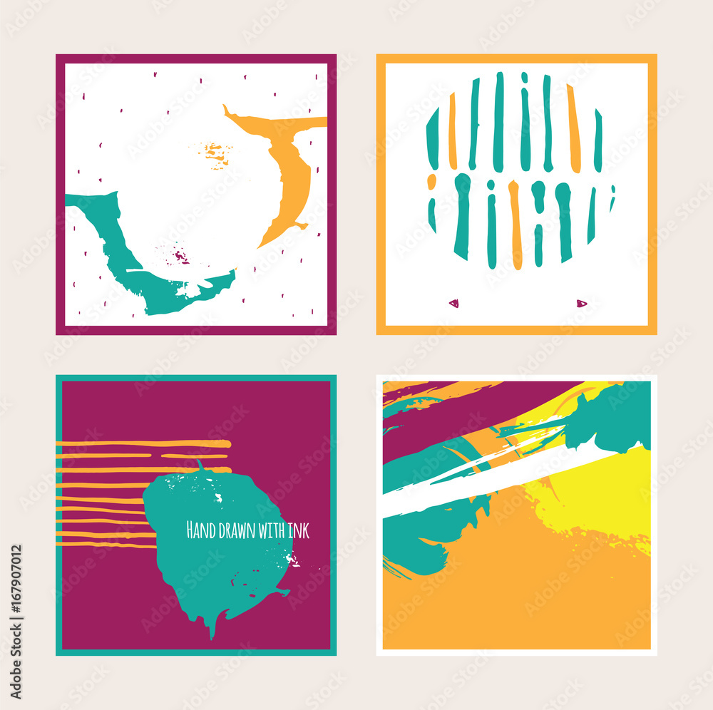 Vector bright set with bright colored square cards, isolated on background. Hand drawn illustration drawn with brush and ink splashes, blots and smears.