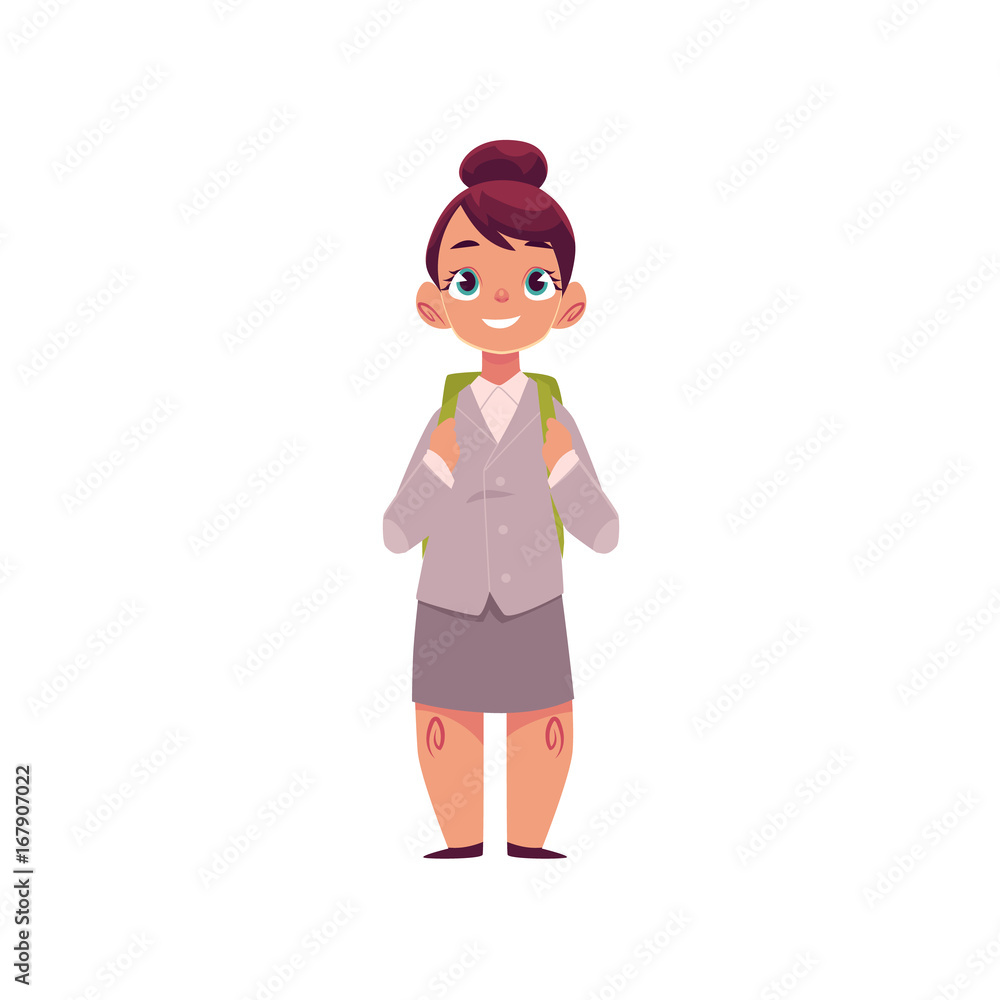 Full length portrait of cute little girl wearing school uniform, holding backpack, cartoon vector illustration isolated on white background. Cartoon little girl ready for school, full length portrait Full length portrait of cute little girl wearing school uniform, holding backpack, cartoon vector illustration isolated on white background. Cartoon little girl ready for school, full length portrait