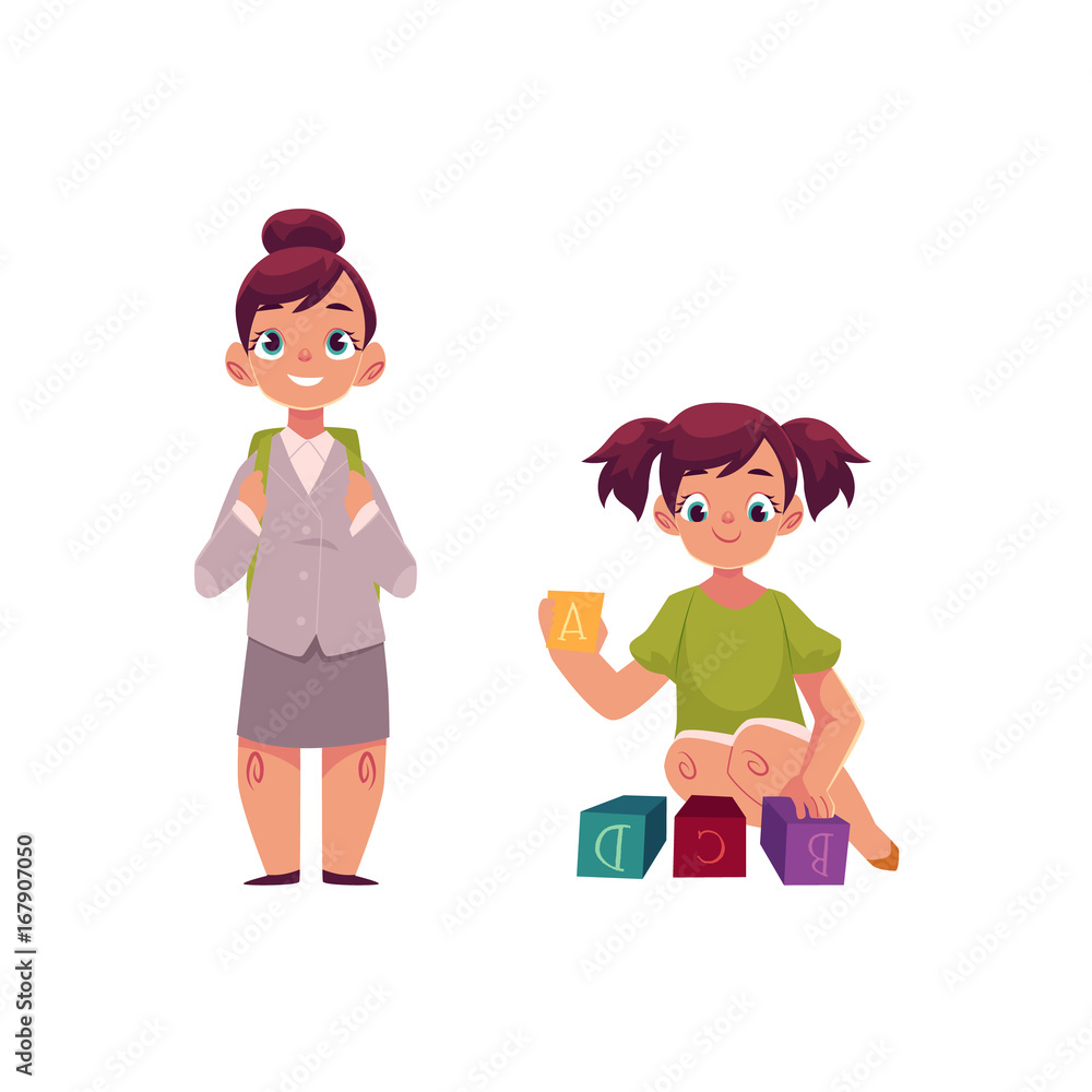Little girl going to school and playing with letter blocks afterwards, cartoon vector illustration isolated on white background. Cartoon little girl in school uniform and playing with alphabet blocks Little girl going to school and playing with letter blocks afterwards, cartoon vector illustration isolated on white background. Cartoon little girl in school uniform and playing with alphabet blocks
