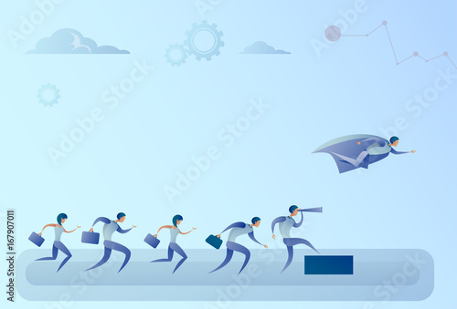 Business People Team Looking With Binocular On Businessman Hero Flying Leader Success Concept Vector Illustration