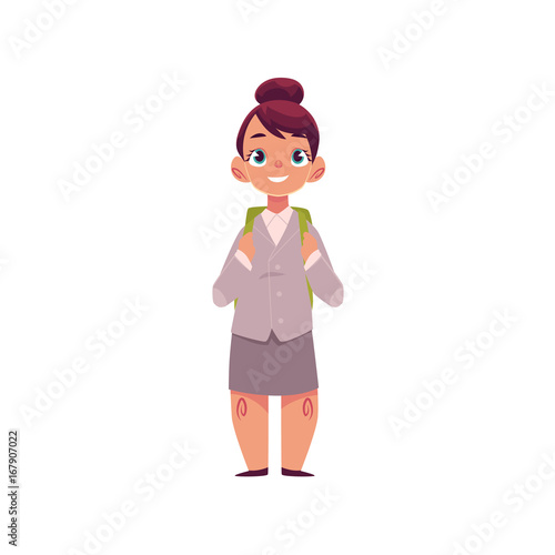 Full length portrait of cute little girl wearing school uniform, holding backpack, cartoon vector illustration isolated on white background. Cartoon little girl ready for school, full length portrait