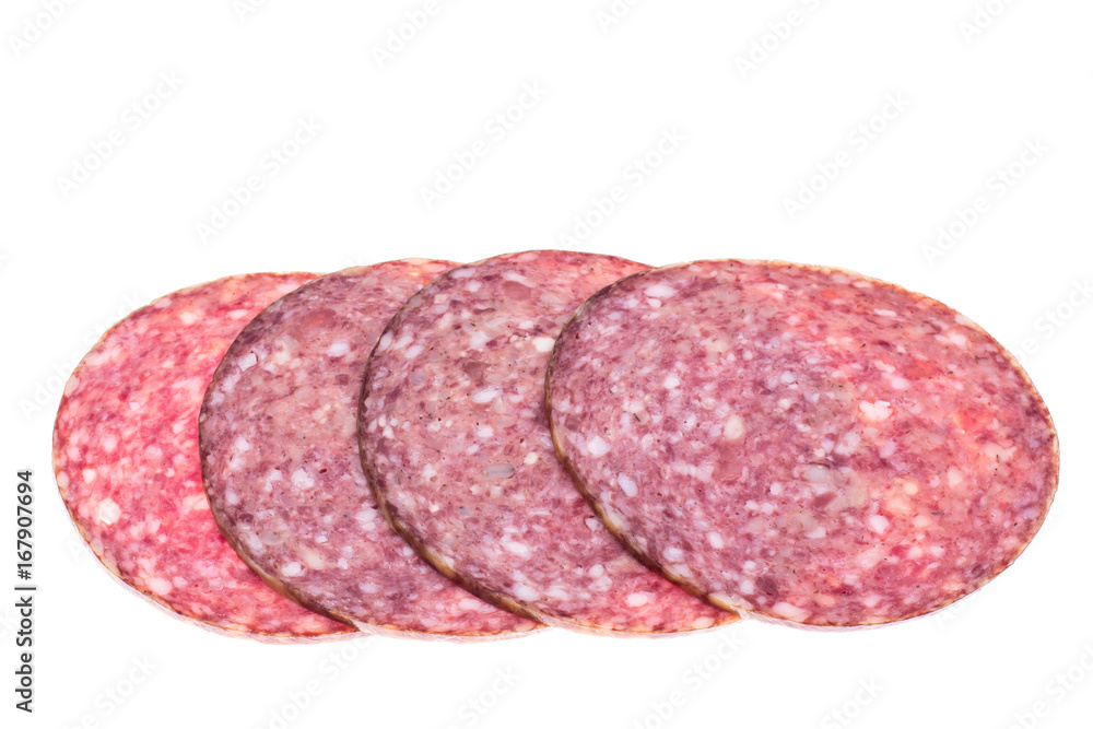 Round slices of chopped sausage on white background Round slices of chopped sausage on white background