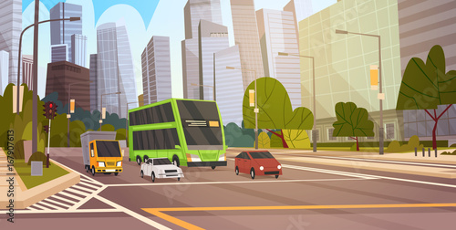 City Street Skyscraper Buildings Road View Modern Cityscape Singapore Downtown Flat Vector Illustration