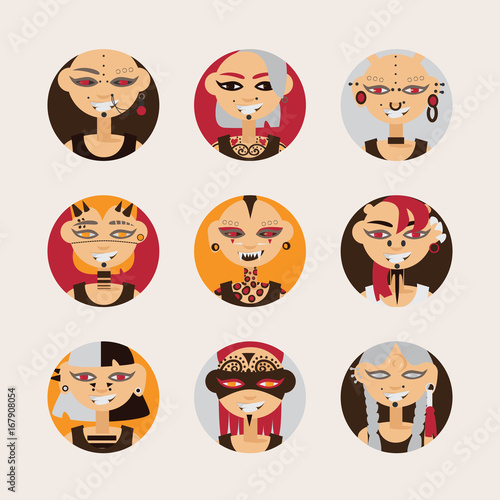 Vector set with girls characters, drawn with body modifications, piercing and tattoo in circle shapes. Women portraits in various hairstyle and styles of body decoration.