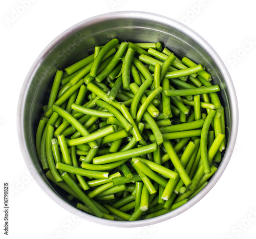 Asparagus beans in metal bowl