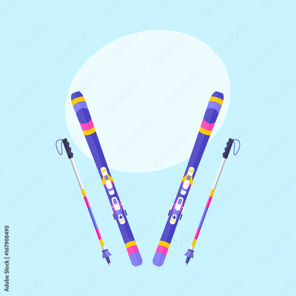 Pairs of skis and sticks, poles, flat style vector illustration with space for text. Flat vector ski and ski poles, colorful illustration