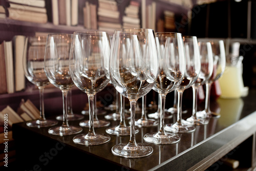 Arrangement of glasses for wine.