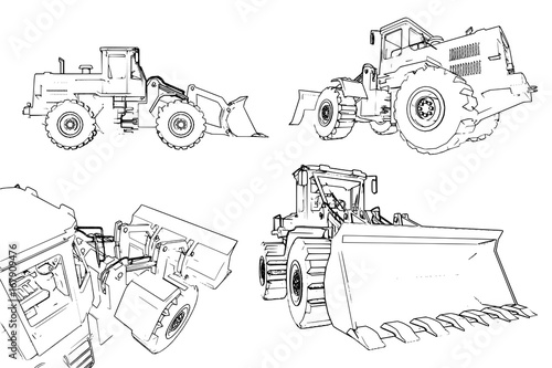Construction machinery loader. A lot of vector images from different angles. The machine is represented by contour lines.
