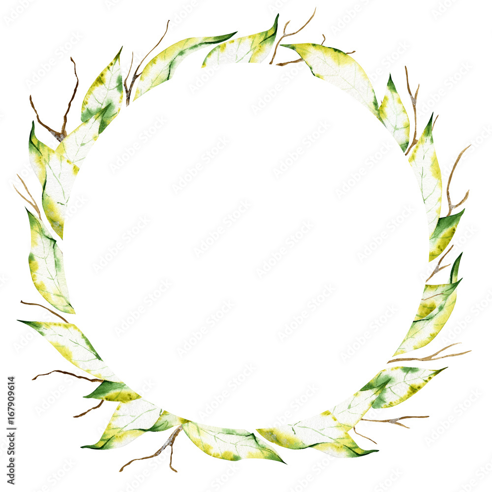 Watercolor wreath of dry autumn leafs and branches isolated - obrazy, fototapety, plakaty 