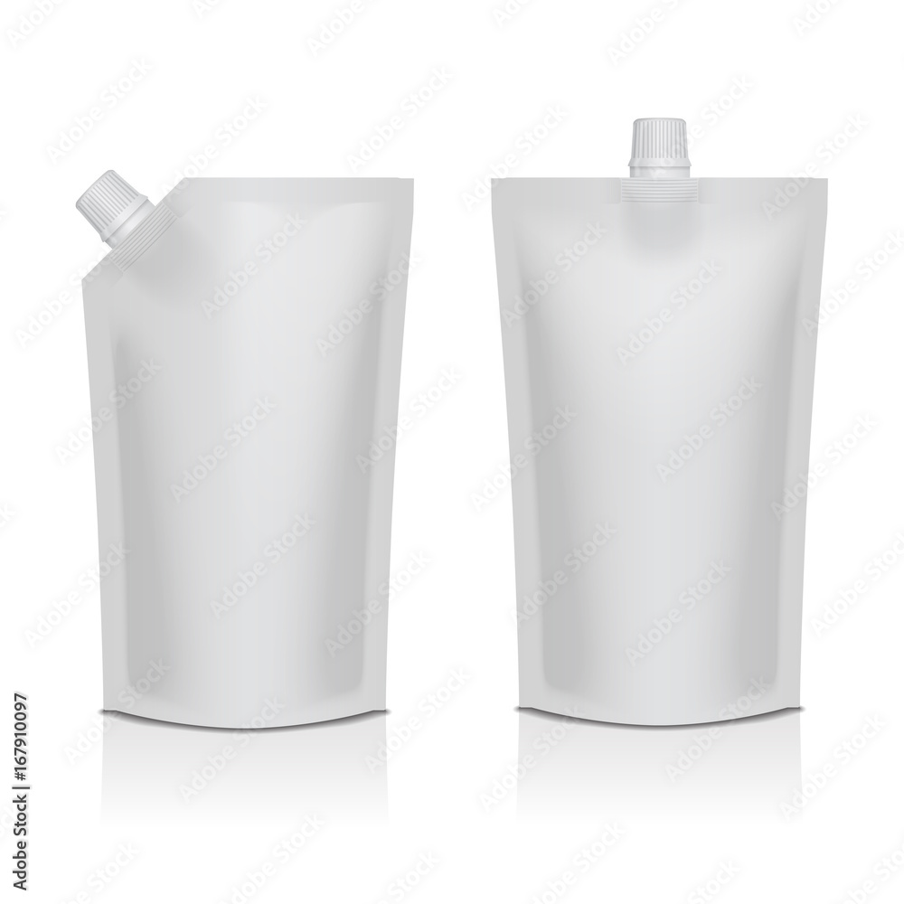 Two white blank plastic stand up pouches with spouts Two white blank plastic stand up pouches with spouts