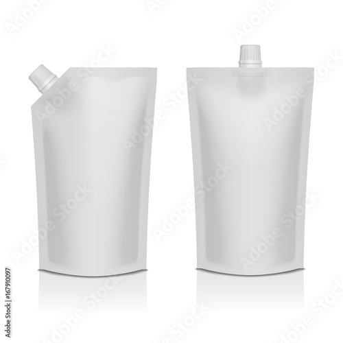 Two white blank plastic stand up pouches with spouts