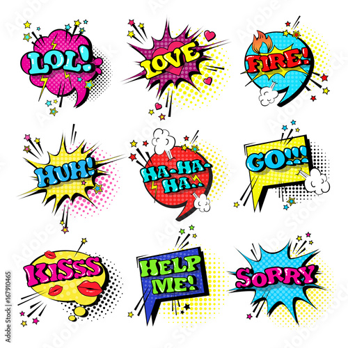 Comic Speech Chat Bubble Set Pop Art Style Sound Expression Text Icons Collection Vector Illustration
