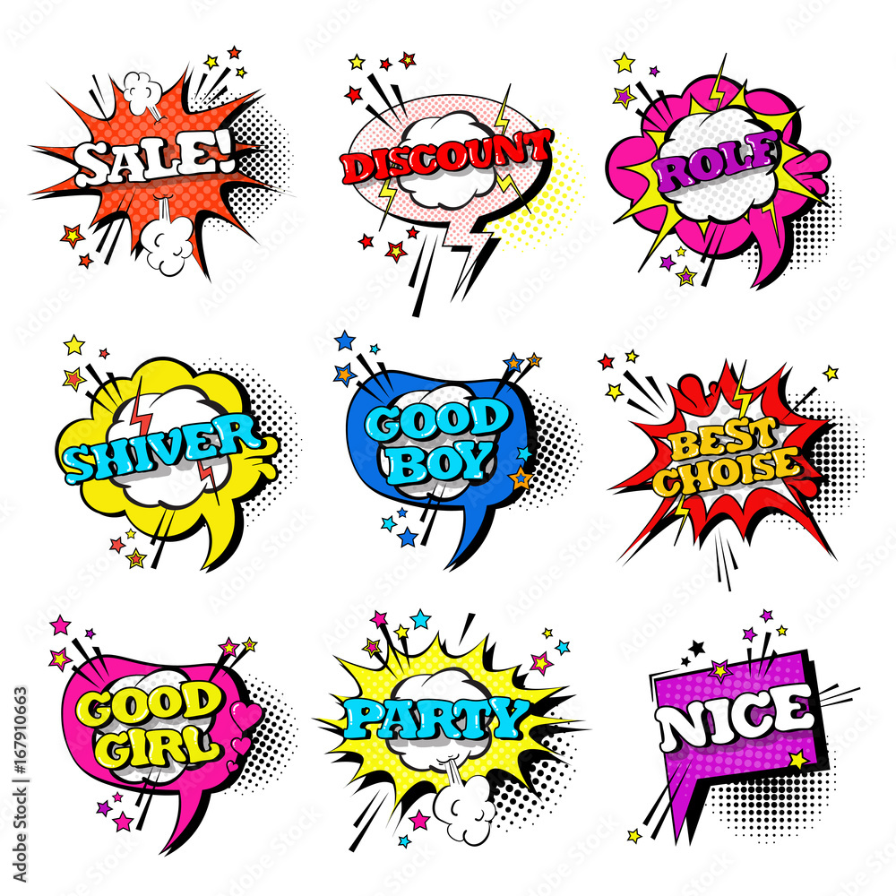 Comic Speech Chat Bubble Set Pop Art Style Sound Expression Text Icons Collection Vector Illustration Comic Speech Chat Bubble Set Pop Art Style Sound Expression Text Icons Collection Vector Illustration