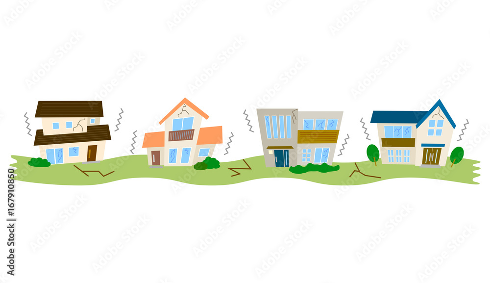 地震の被害に遭う住宅のベクターイラストセット 地震の被害に遭う住宅のベクターイラストセット
