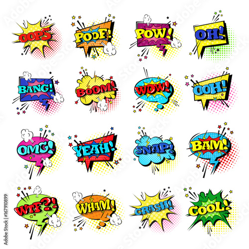 Comic Speech Chat Bubble Set Pop Art Style Sound Expression Text Icons Collection Vector Illustration