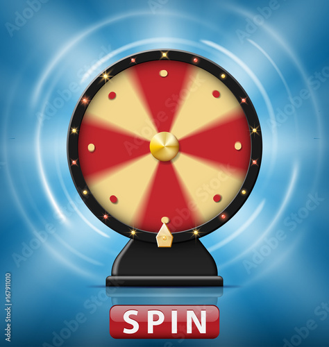 Realistic 3d spinning fortune wheel isolated with Spin button. Wheel of fortune with glowing lamps for online casino. Vector illustration