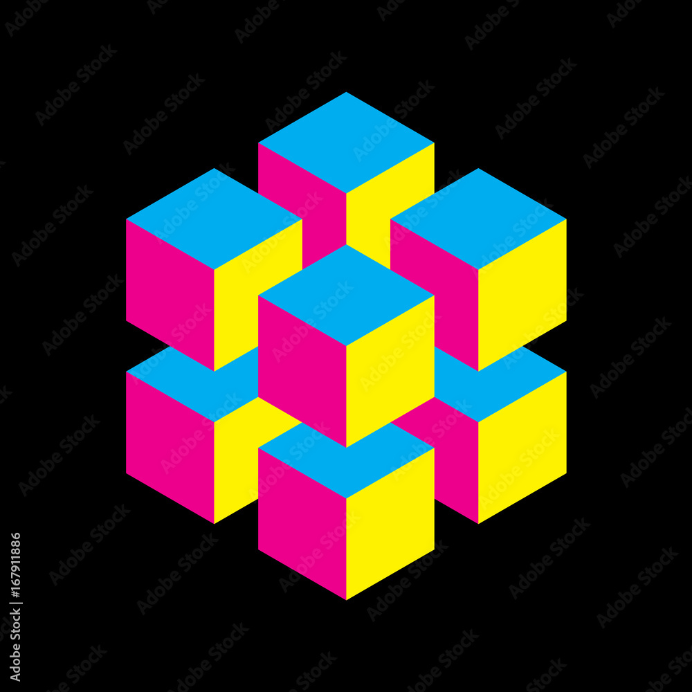 Obraz premium Geometric cube of 8 smaller isometric cubes in CMYK colors. Abstract design element. Science or construction concept. 3D vector object.