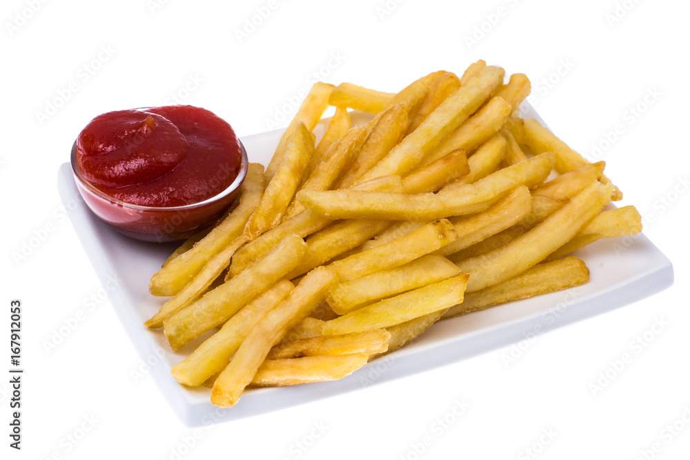 French fries and ketchup on white background French fries and ketchup on white background