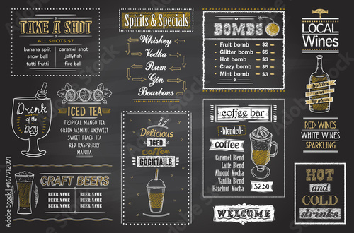 Fotografia Alcohol bar menu, drinks, cocktails and spirits chalkboard menu