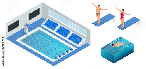 Isometric people diving into water in to the swimming pool, diver. Male swimmer, that jumping and diving into indoor sport swimming pool. Sporty man.
