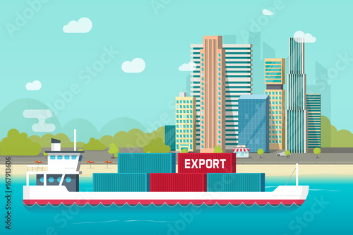 Big container ship sailing in ocean or sea port with lots of cargo containers vector illustration, flat carton design shipping transportation vessel or containership floating near city shore