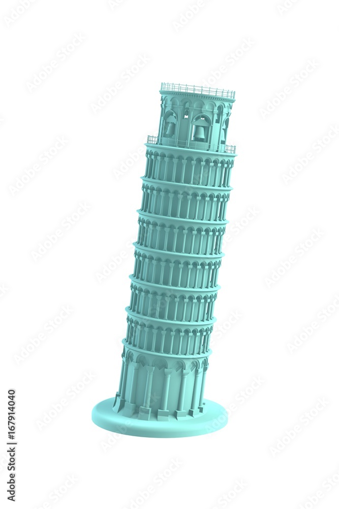 Blue leaning tower of pisa on white background, 3D rendering