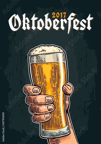 Male hand holding a beer glass. Vintage vector engraving illustration for web, poster, invitation to oktoberfest festival.