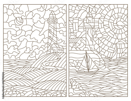 Set contour illustrations of stained glass seascapes, lighthouses and ships