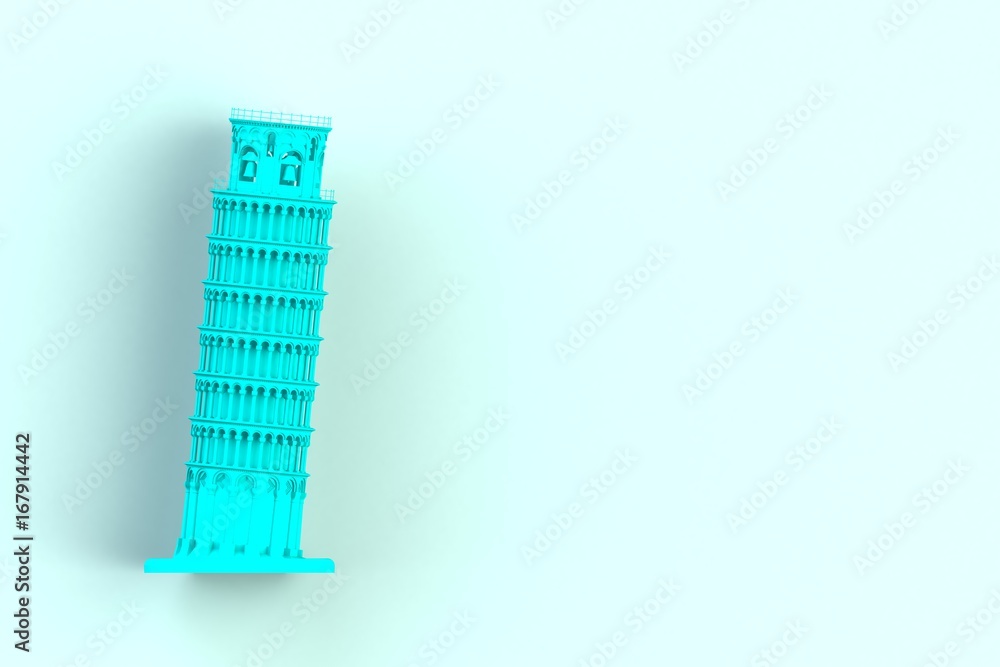 Blue leaning tower of pisa on blue background, 3D rendering