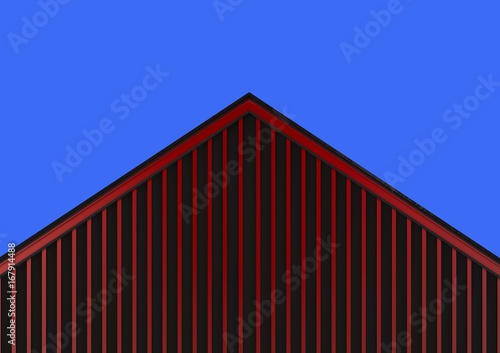 3d rendering. red wood panels wall gable house roof and blue sky as background