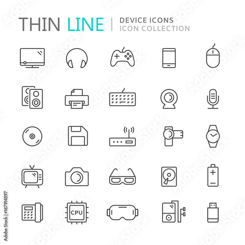 Collection of device thin line icons
