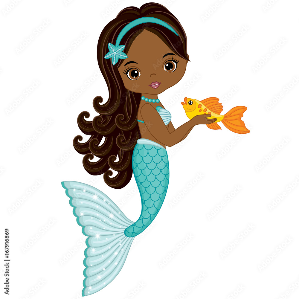Vector Cute Little Mermaid with Fish. Vector African American Mermaid