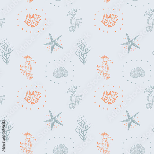 Seamless Pattern With Seashells, Starfish And Sea Horse. Decorative Sea Seamless Pattern Vector. Hand Drawing Doodle Marine Background. Seamless For Fabric Design, Gift Wrapping Paper And Printing.