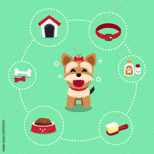 Cartoon character yorkshire terrier dog and accessories set