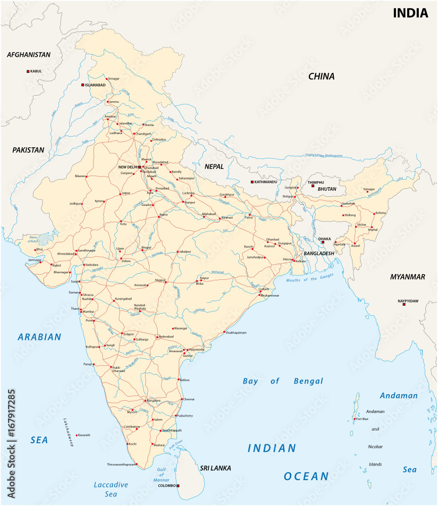 Fototapeta India road map with the main cities