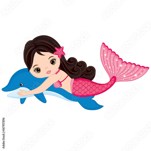 Vector Cute Little Mermaid Swimming with Dolphin