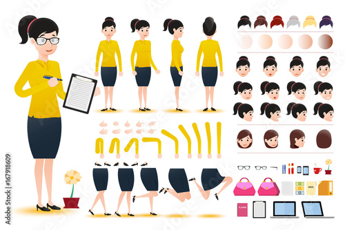 Woman Clerk Wearing Skirt Character Creation Kit Template with Different Facial Expressions, Hair Colors, Body Parts and Accessories. Vector Illustration.
