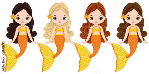 Vector Cute Little Mermaids Swimming. Vector Mermaids 