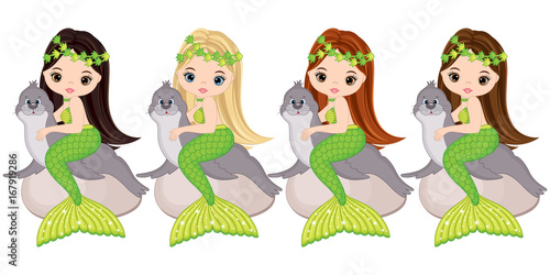 Vector Cute Little Mermaids with Fur Seals. Vector Mermaids 