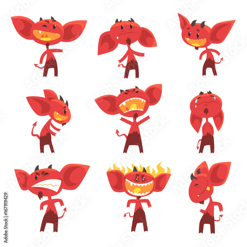 Funny red devil cartoon characters with different emotions set of vector Illustrations