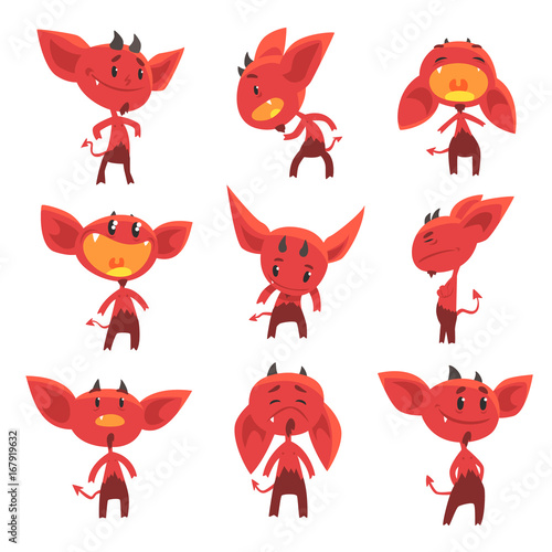 Cartoon funny red devil characters with different emotions set of vector Illustrations