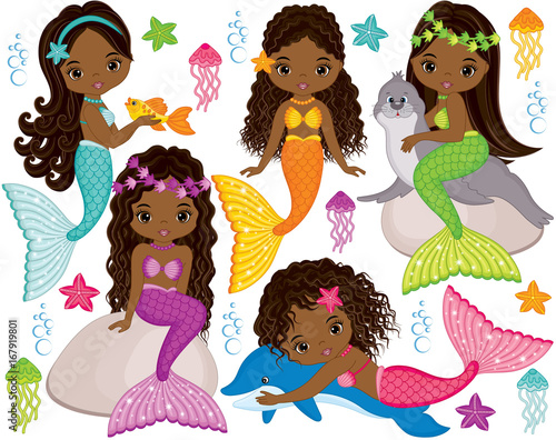 Vector Cute Little Mermaids with Marine Animals. Vector African American Mermaids 