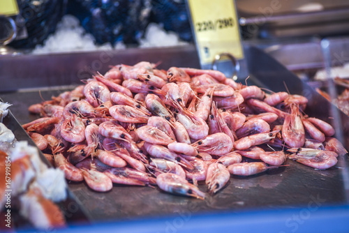 Shrimps on a Fish market in Bergen in Norway. View on a detail.